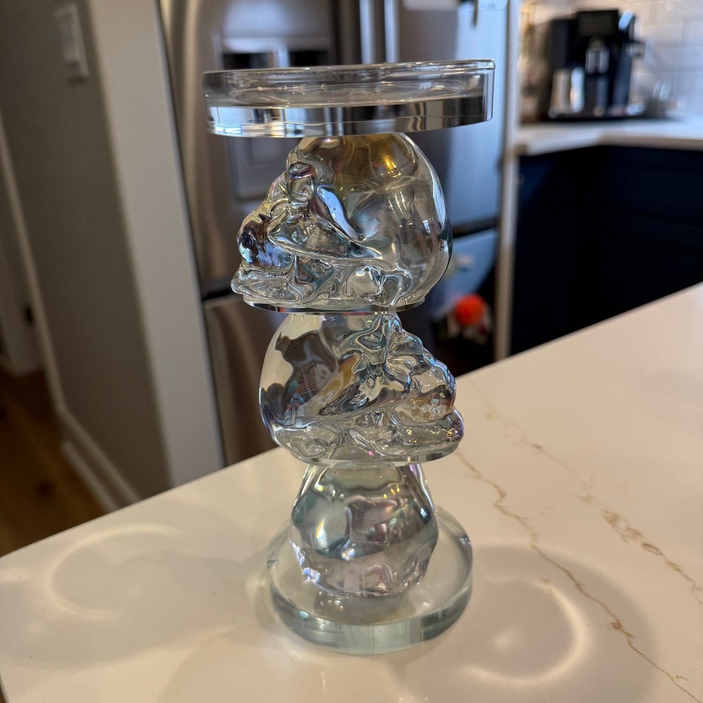 Gothic Halloween Clear Crystal Glass Stacked Skull Pedestal Candle Holder